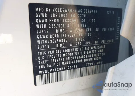 2017 Volkswagen Tiguan 2.0T Sport from USA, damaged, VIN WVGUV7AX8HK021567